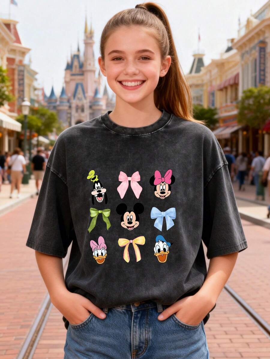 This Disney Women's T-Shirt Features A Creative Mickey Mouse And His Friends Cartoon Print. It's A Spring/Summer Style Crew Neck Retro Washed Cotton T-Shirt, Made Of Soft And Comfortable Pure Cotton Fabric, Suitable For Everyday Wear, Shopping, Travel, And Casual Occasions. It Also Makes A Wonderful Gift. - Black - View 1
