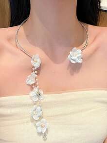 1pc Fashionable Elegant Sweet Rhinestone Flower & Faux Pearl Tassel Choker Necklace, Suitable For Women's Daily, Party, Holiday, Date Wear, Jewelry Gift - Multicolor - View 2
