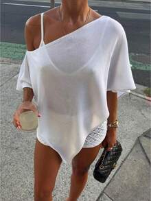 Off The Shoulder Tops For Women Short Sleeve  T Shirts Loose Batwing Summer Going Out Oversized Blouse Tunic - 白色 - 查看 1