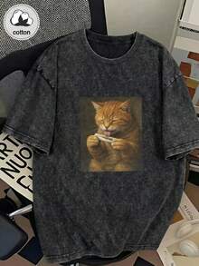 大码女式趣味猫咪印花T恤，可爱独特设计，幽默吸睛，街头风，水洗棉T恤，圆领，黑色，短袖，大码女式日常穿着，雪花图案面料，复古做旧T恤，大码女装，春夏休闲款 - 黑色 - 查看 6