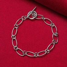 925纯银镀层简约链条OT扣手链，女士魅力婚礼订婚派对时尚首饰 - 銀色 - 查看 2