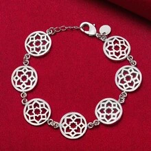 Pulsera de cadena con flor redonda plateada en plata de ley 925 para mujeres, joyería para boda, compromiso y fiesta - Plateado - Ver 2