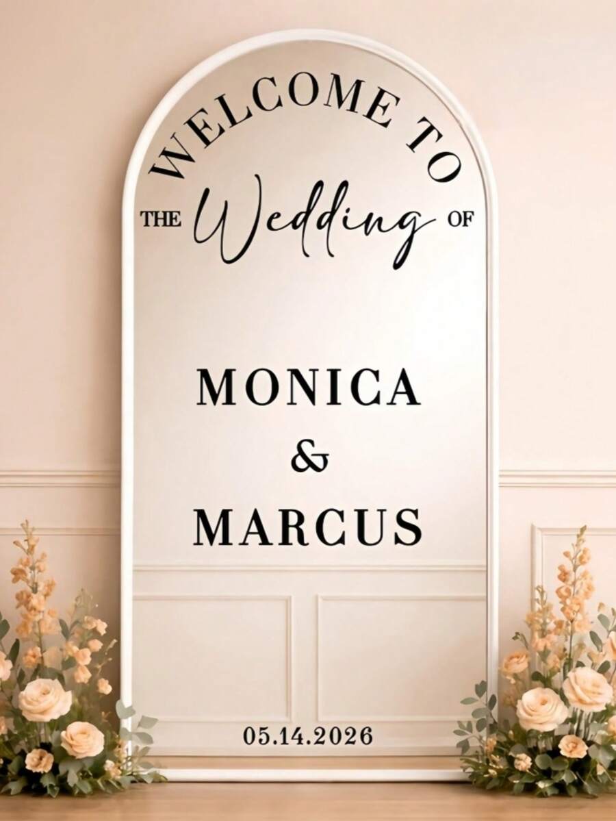 Custom Arched Mirror Wedding Welcome Sticker, Personalized Bride And Groom Vinyl Label, Art Deco Style - Multicolor - View 1