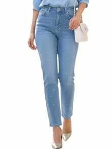Pantalón Mezclilla Recto Pedrería Brillos Mom Jeans - Azul - Ver 2