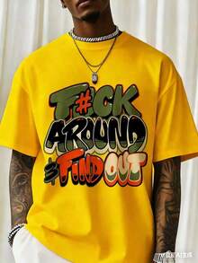 "F@K AROUND & FIND OUT" Graphic T-Shirt - 180g Heavy Cotton Crew Neck T-Shirt With Bold Orange And Green Graffiti Print, Breathable Short Sleeve Shirt For Summer, Casual Streetwear And Outdoor Activities, Everyday Wear Shirt Street Fashion Comfortable Fit, Everyday Wear, Match With Shorts, Outdoor Sports, Golf, Fishing Activities, Sports Shirt, Great Gift, Graphic T-Shirt, T-Shirt-White And Navy Off-The-Shoulder Cropped Top - 黃色 - 查看 3