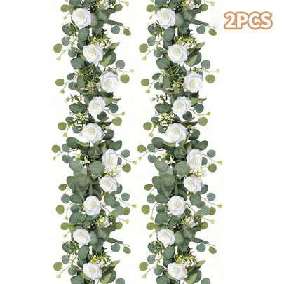 2pcs 70inch/5.9ft Artificial Eucalyptus Wreath With White Foam Roses, Faux Rose Green Wreath, Suitable For Easter, Mother's Day Decor, Room, Bedroom, Wedding, Party, Tablecloth, Curtain, Bathroom, Home Decor (White)