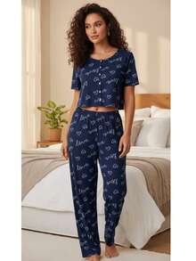 Women's Pajama Set Sleepwear Blouse And Cropped Top With Heart Print, Button-Down Cropped Top, Elastic Waist Pants, Warm Suede, Everyday Wear, Sizes P, M, G, GG, Night Comfort Line - 黑色 - 查看 9