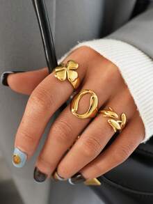 Frminee 3pcs/1pc Women's Gold-Plated Stainless Steel Ring Set, Stackable Ring Set, Four-Leaf Clover Geometric And Dolphin Design, Fashionable Jewelry, Waterproof For Summer Beaches - Gold - View 5