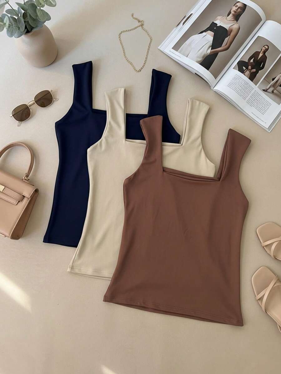 Set Of 3 Women's Tank Tops With Square Neckline, Straight Leg, Suplex Fabric, Summer Basic, Plain, Fashionable, Elegant, , Blogger-Friendly, Gift, BBQ, Party, Day/Night, Clubbing, Work, Office - 零件號碼/製造商 - 查看 1