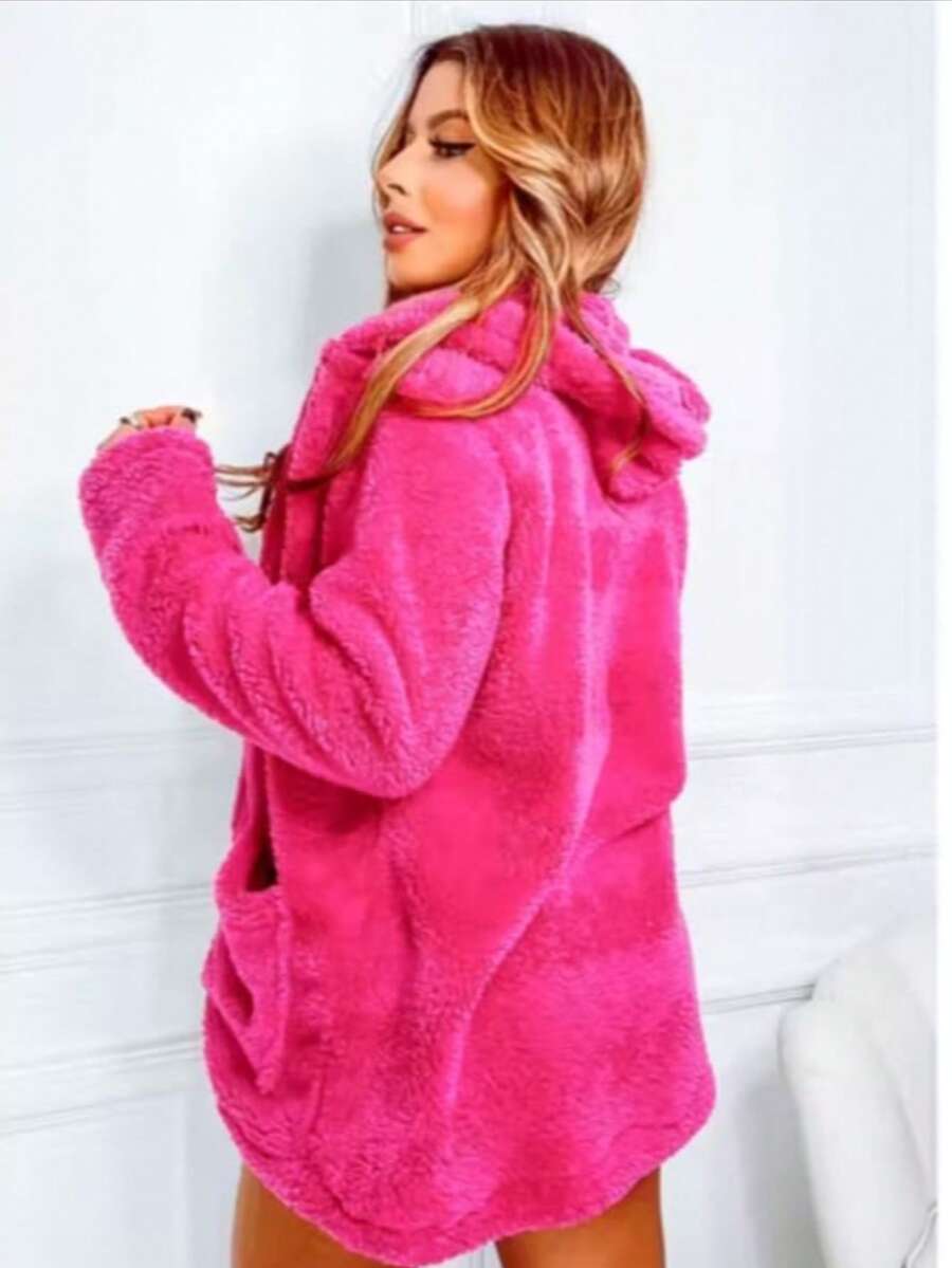 Simple Casual Party Woolen Fabric Fuzzy Coat Everyday Winter - 玫紅色 - 查看 1