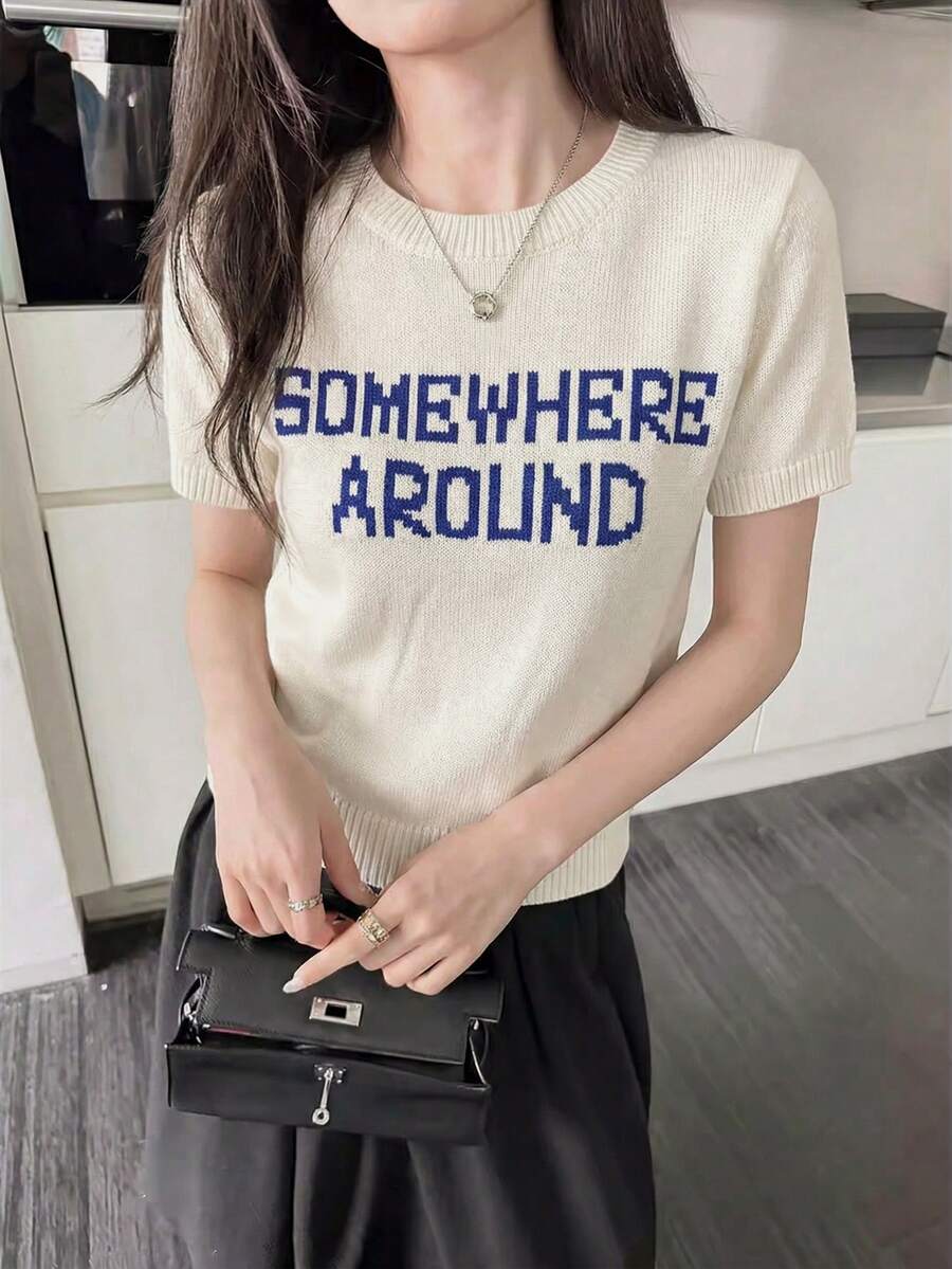 Women's Spring/Summer Retro Casual Short-Sleeve Knit Sweater | Round Neck Top With Letter Jacquard Pattern - Apricot - View 1