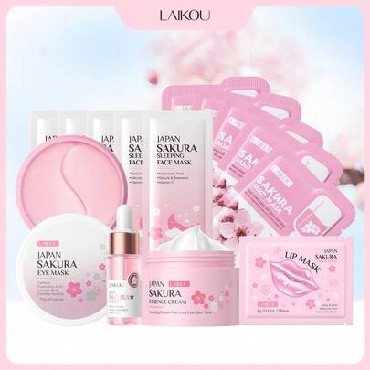  LAIKOU 6件套日本樱花保湿护肤套装（樱花睡眠面膜3克*5片，日本樱花泥面膜5克*5片，日本樱花精华液17毫升，日本樱花润唇膏6克，日本樱花眼膜70克，日本樱花精华霜25克）。深层修护护肤礼盒，抗衰老护肤礼品袋，适合女性、母亲、妻子、姐妹、青少年、女友等。