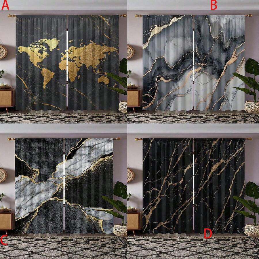 两片装经典大理石纹窗帘，杆袋式设计，半遮光涤纶面料，可机洗，适用于卧室、客厅、餐厅、厨房及其他家居装饰。