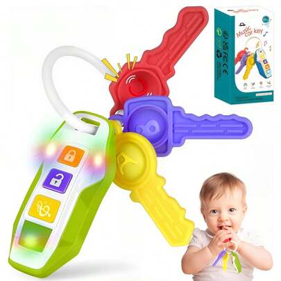 1pc Baby Musical Car Key Teether Toy, Soft Key Rattle, New Early Education Sensory Toy With Music & Lights, Multiple Sound Effects, Essential Baby Gear, Suitable Gift For Girls & Boys, Christmas/Halloween/Easter (Includes Battery, Random Button Color)