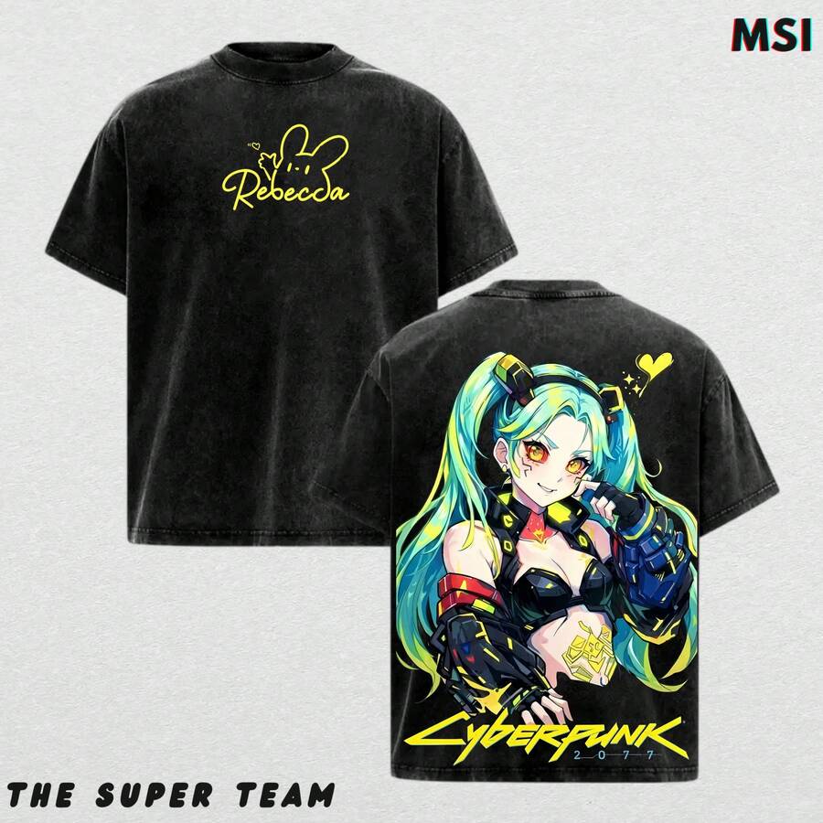 Camiseta Gráfica de Algodón Grueso, Estilo Vintage, de Rebecca Cyberpunk Edgerunners Anime, Edición Neon Core Netrunner - Negro - Ver 1