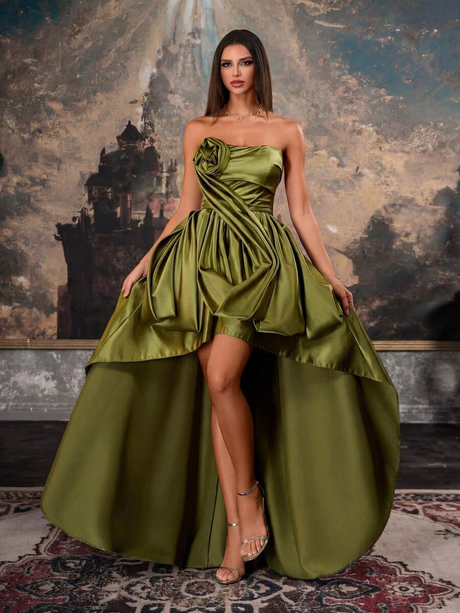 Strapless Sexy Women's Party Dress With Ruffle Hem And Flared Skirt, Suitable For Party Occasions Wedding - Olive Green - View 1
