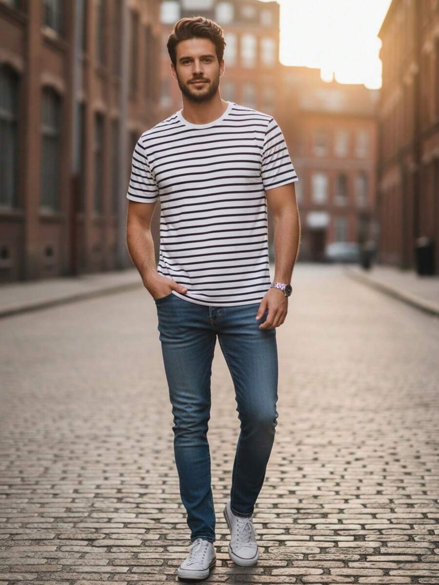 K&K FASHION Men's Basic Striped T-Shirt - White - View 1