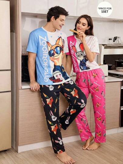 Disney 女士短袖长裤两件套，可爱印花，弹力亲肤舒适休闲度假装，适合春夏秋季穿着。