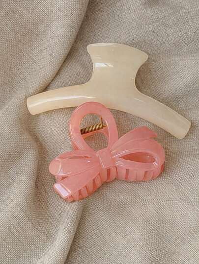 2pcs Women's Pink Bow & White Minimalist One-Piece Hair Clips, Versatile, Elegant, Solid Color Hair Claws Suitable For Daily, Casual, Party, Beach, Vacation, Hairstyling, Face/Hair Washing, Makeup, Outfit Accessories, Autumn/Winter/Spring/Summer