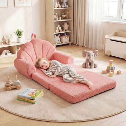 Fold-Out Kids Sofa 2-In-1 Convertible Toddler Couch & Lounger With Non-Slip Base Beige/Green/Pink
