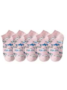 5双装男女通用春秋季卡通鲨鱼印花短袜，透气低帮踝袜 - 彩色 - 查看 11