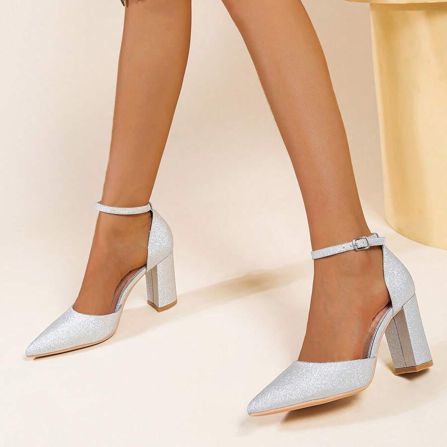 Damen Glitzer Spitzschuh Knöchelriemen Block Absatz Party Schuhe - Silber - Übersicht 1