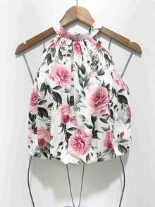 Stylish Women's Floral High Neck Blouse - Baby Pink - View 1