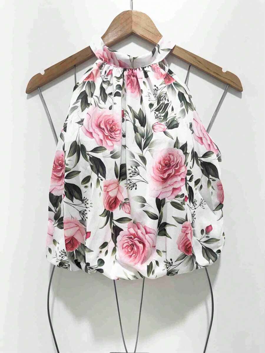 Stylish Women's Floral High Neck Blouse - Baby Pink - View 1