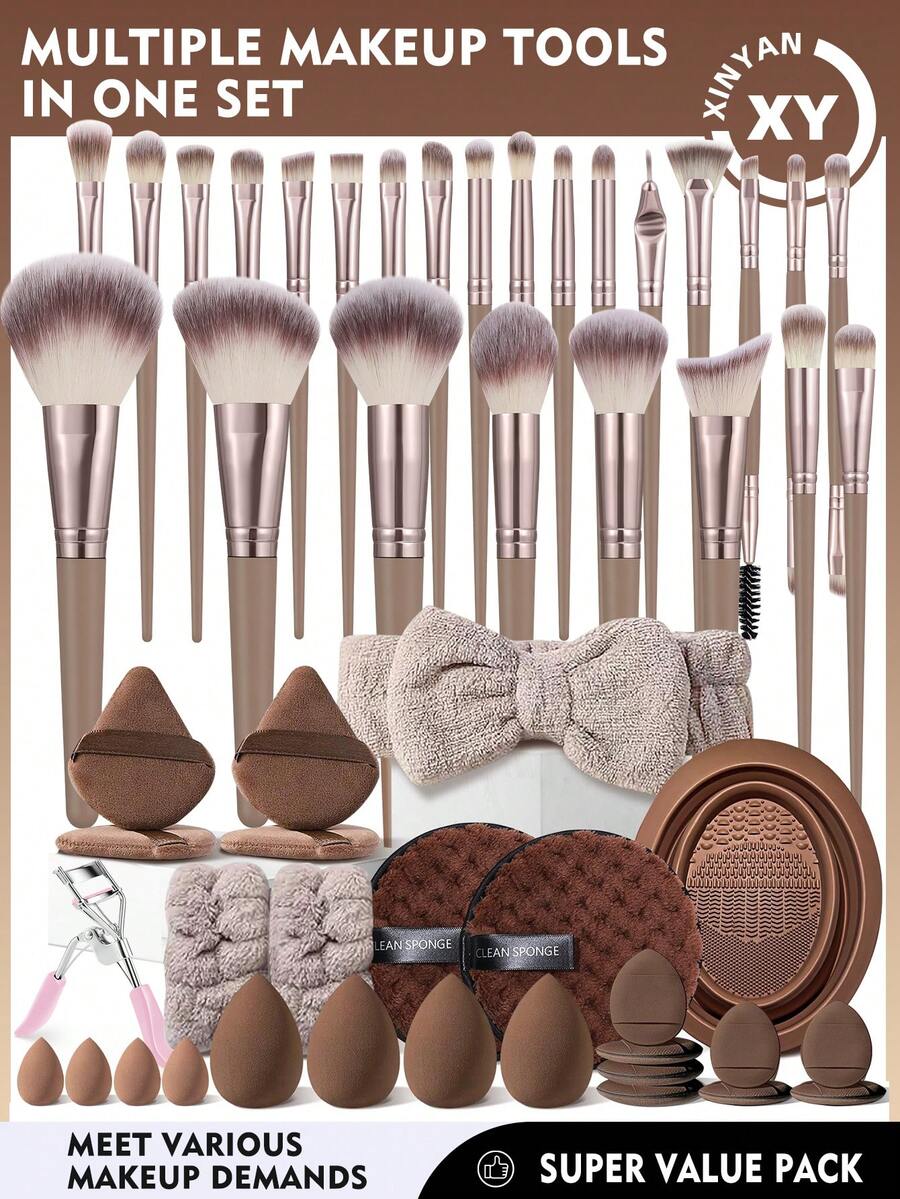 52 piezas Juego de brochas de maquillaje, que incluye: 25 brochas de maquillaje, 4 esponjas de maquillaje, 4 esponjas de maquillaje mini, 4 borlas de polvo triangulares, 8 borlas de cojín de aire mini, 1 diadema, 2 muñequeras, 1 limpiador de brochas de maquillaje, 2 esponjas limpiadoras faciales, 1 rizador de pestañas, Regalos, Brochas de maquillaje profesionales, Juego de maquillaje completo - Marrón - Ver 1