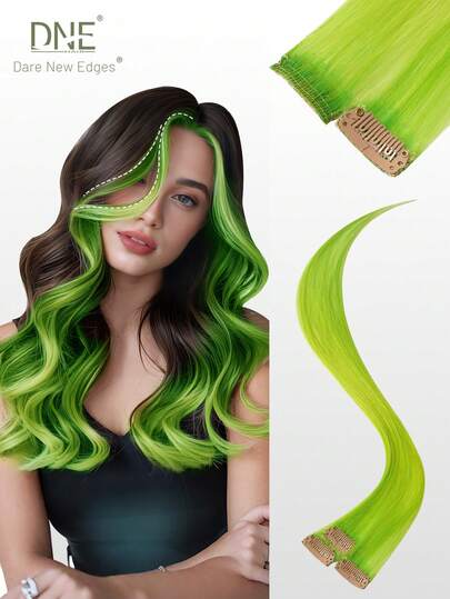 DNE HAIR 彩色夹式接发片，100%真人发，18英寸，3片装，绿色隐形直发挑染彩色发片，彩虹接发片，适合女性/女孩