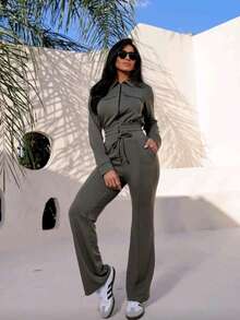 Women's Premium Fleece Set: Comfortable Pants With Pockets And Drawstring, And Long-Sleeved Zip-Up Top With Pockets - Elegant Casual Style - Verde militar - Ver 4