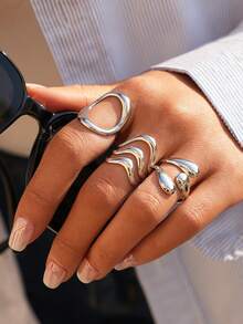 Frminee 3pcs/Set Stackable Geometric Silver Stainless Steel Ring Set, Women Daily Wear Jewelry, Everyday Accessory And Gift - Silver Style 3 - View 5