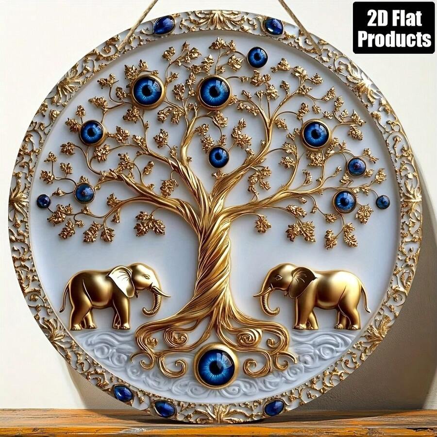 2D Flat, 1-Piece Bohemian Style Turkish Evil Eye Round Wooden Wall Art Sign - 8X 8inch Vintage Home Decor, Featuring A Design With Golden Trees And Blue Beads, Perfect For Bars, Kitchens, Living Rooms, Wall Decoration, Evil Eye Home Decor, Peacock Wall Clock, Home Decoration Items - 彩色 - 查看 1