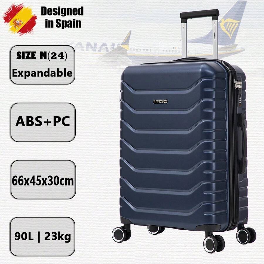 Vali cỡ trung bình bằng nhựa ABS+PC có thể mở rộng, 66x45x27.5cm - Có thể mở rộng thêm 30cm | Dung tích 82L - 90L | Chiều cao 24 inch | Trọng lượng 23kg, Khóa mật mã bán cứng - Màu sắc: Đen/Xanh dương đậm/Vàng/Xanh bạc hà/Vàng hồng/Xanh lá cây/Hồng nhạt/Xanh ngọc - Xanh navy | M | Có thể mở rộng - Xem 1