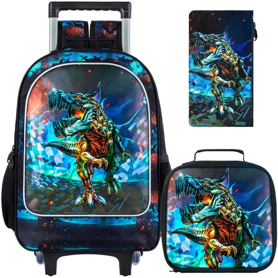 3 buah Tas Ransel Anak Laki-laki Motif Dinosaurus dengan Roda, Tas Sekolah Anak dengan Roda dan Kotak Bekal, Cocok untuk Siswa TK dan SD - Ransel Troli Mekanik - View 1