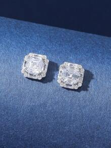 1 Pair Minimalist Elegant Luxury Sparkling Cubic Zirconia Square Stud Earrings, Versatile Daily Wear, Suitable For Evening Party, Wedding, Birthday, Valentine's Day, Mother's Day, Teacher's Day Gift - Multicolor - View 4