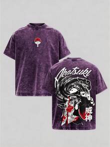 Obito Vintage Washed Oversized T-Shirt,Anime And Comic Strip Washed Heavyweight Cotton T-Shirt, A Gift For Anime Fans And Enthusiasts. - 紫色 - 查看 1