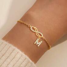 1pc Simple Fashion Double Infinity Symbol Initial Pendant Golden Stainless Steel Bead Chain Bracelets For Women - Yellow Gold - View 1