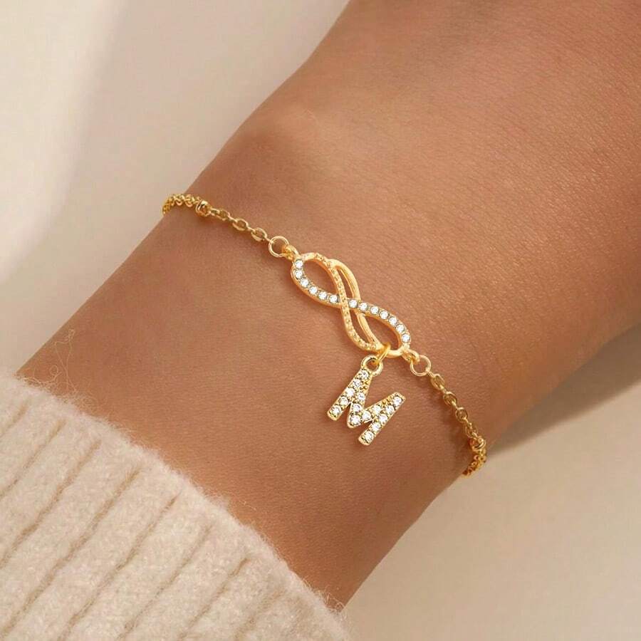 1pc Simple Fashion Double Infinity Symbol Initial Pendant Golden Stainless Steel Bead Chain Bracelets For Women - Yellow Gold - View 1