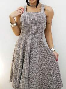 Two-Piece Set: Midi Dress + Bolero In Elegant Women's Tweed Check With Buttons, Ideal For Work, Church, Social Events, And Sophisticated Dinners. - 鏽棕色 - 查看 5