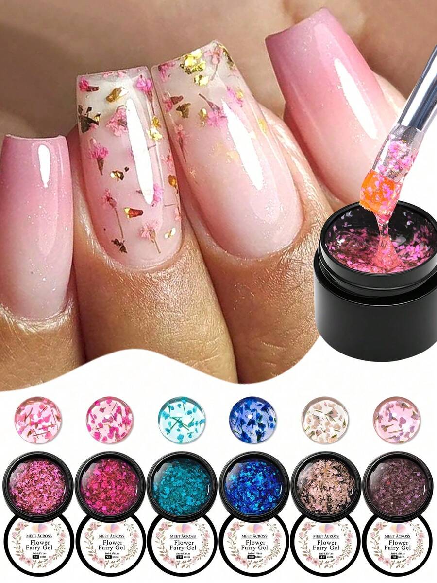 MEET ACROSS 6pcs Dried Flower Gel Nail Polish Set, Natural Flower Nail Art Painting Gel Polish Semi Permanent Soak Off UV LED Nail Varnish Nail Decoration For Summer Nails, Manicure Nail Art Design For Home And Salon Nail Supplies - Multicolor - View 1