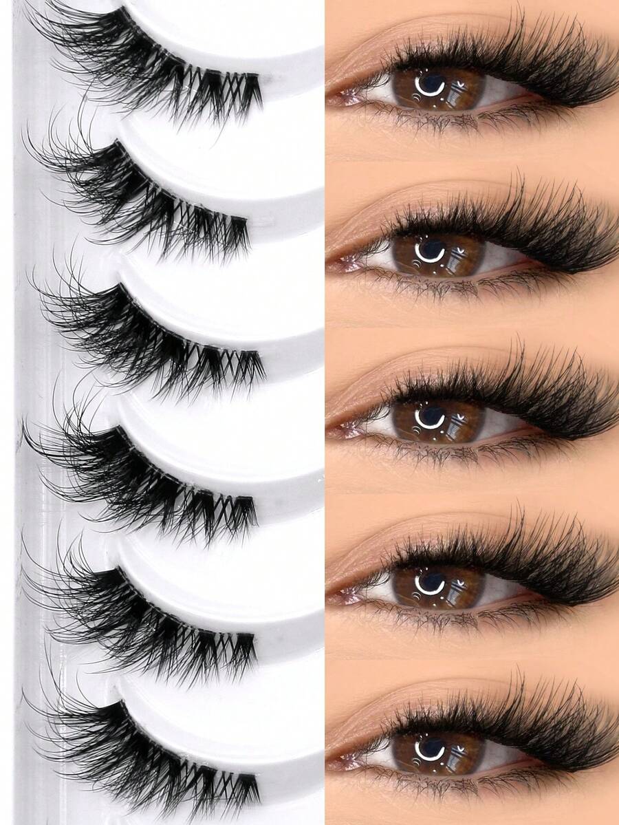 GROINNEYA 8对半条纹假睫毛，自然猫眼延长款，短款柔软3D貂毛睫毛，透明梗，交叉蓬松睫毛，适合日常和派对妆容 - 半眼睫毛 - 查看 1