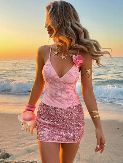 Women's Spring/Summer Mesh Embroidered Tie Camisole Top & Beaded Skirt 2-Piece Set, Suitable For Beach Vacation & Casual Wear
