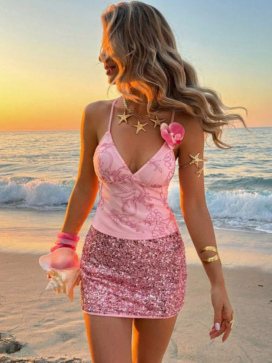 Spring/Summer Mesh Embroidered Tie-Up Camisole & Skirt 2 Pieces Set, Elegant For Beach, Vacation, Daily Wear Pink - Pink - View 1