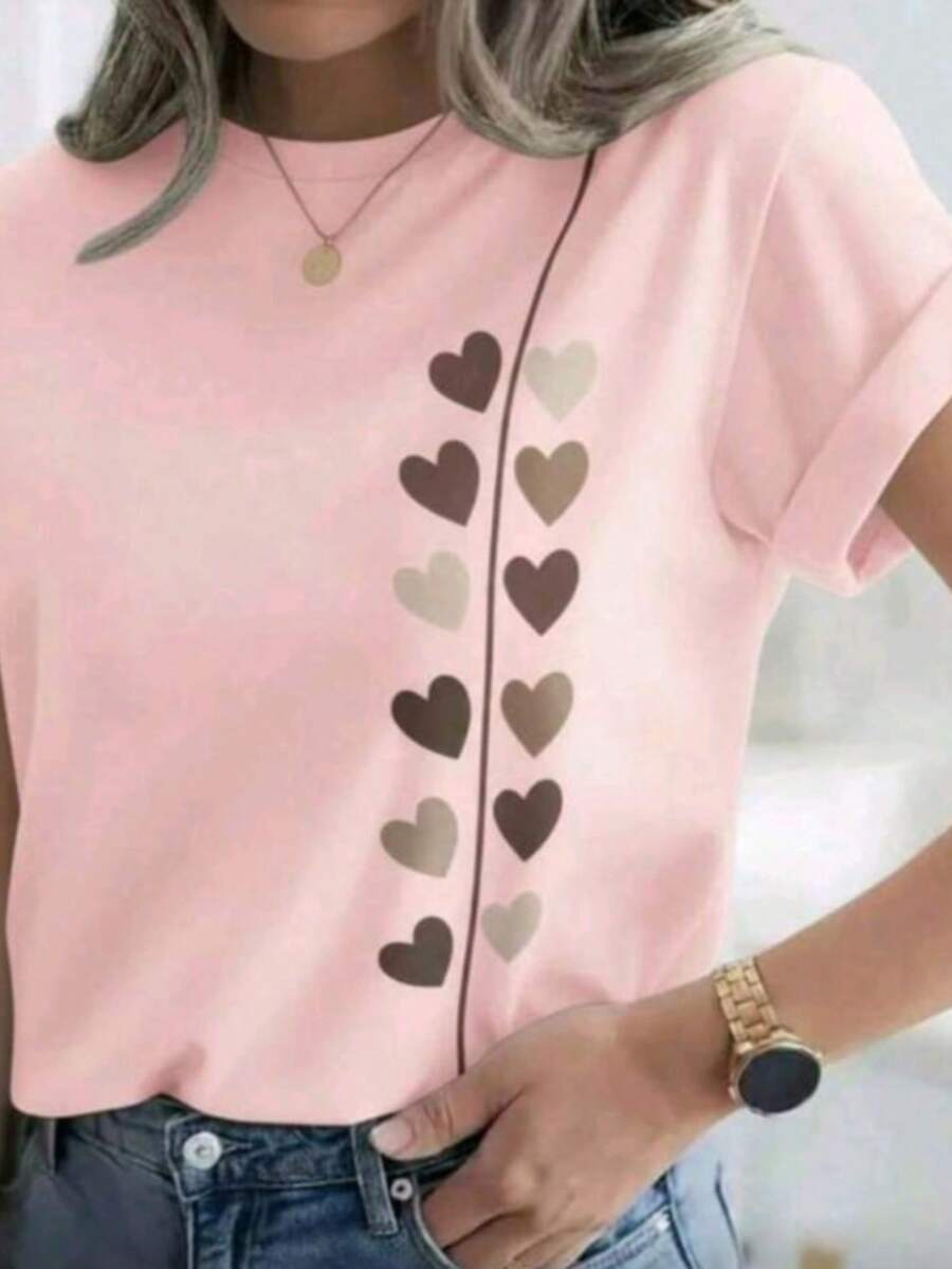 Delicate Women's Shirt With Heart Print, 100% Cotton. Fashionable Summer T-Shirt For All Occasions, Lightweight And Comfortable Fabric. - 淺粉色 - 查看 1