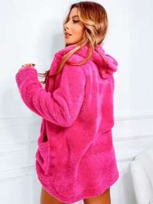 Simple Casual Party Woolen Fabric Fuzzy Coat Everyday Winter - 玫紅色 - 查看 3