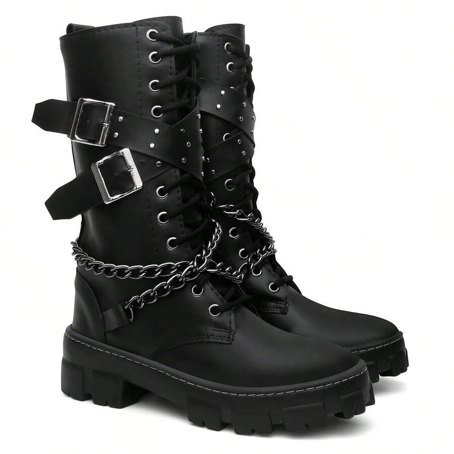Women's High-Top Ankle Boot With Heel And Chain Detail - màu đen - Xem 1