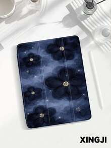 1pc Luxury Navy Blue Floral Pattern Tablet Protective Case, Compatible With 10.2" 10th/ (A16) 11" 11th 2025, Pro 11" 2021/2020, Galaxy Tab A8 10.5" 2022, Matepad 10.4/Tab, With Pencil Slot, Anti-Drop, Tablet Stand, Auto Sleep/Wake - Multicolor - View 3