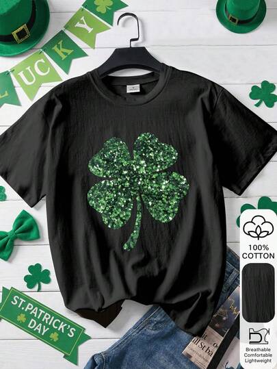 St. Patrick's Day Lucky Clover Print 100% Cotton Short Sleeve T-Shirt For Women, Back To School Essential, First Day Of School Outfit, Retro Sports Chinese New Year Pattern