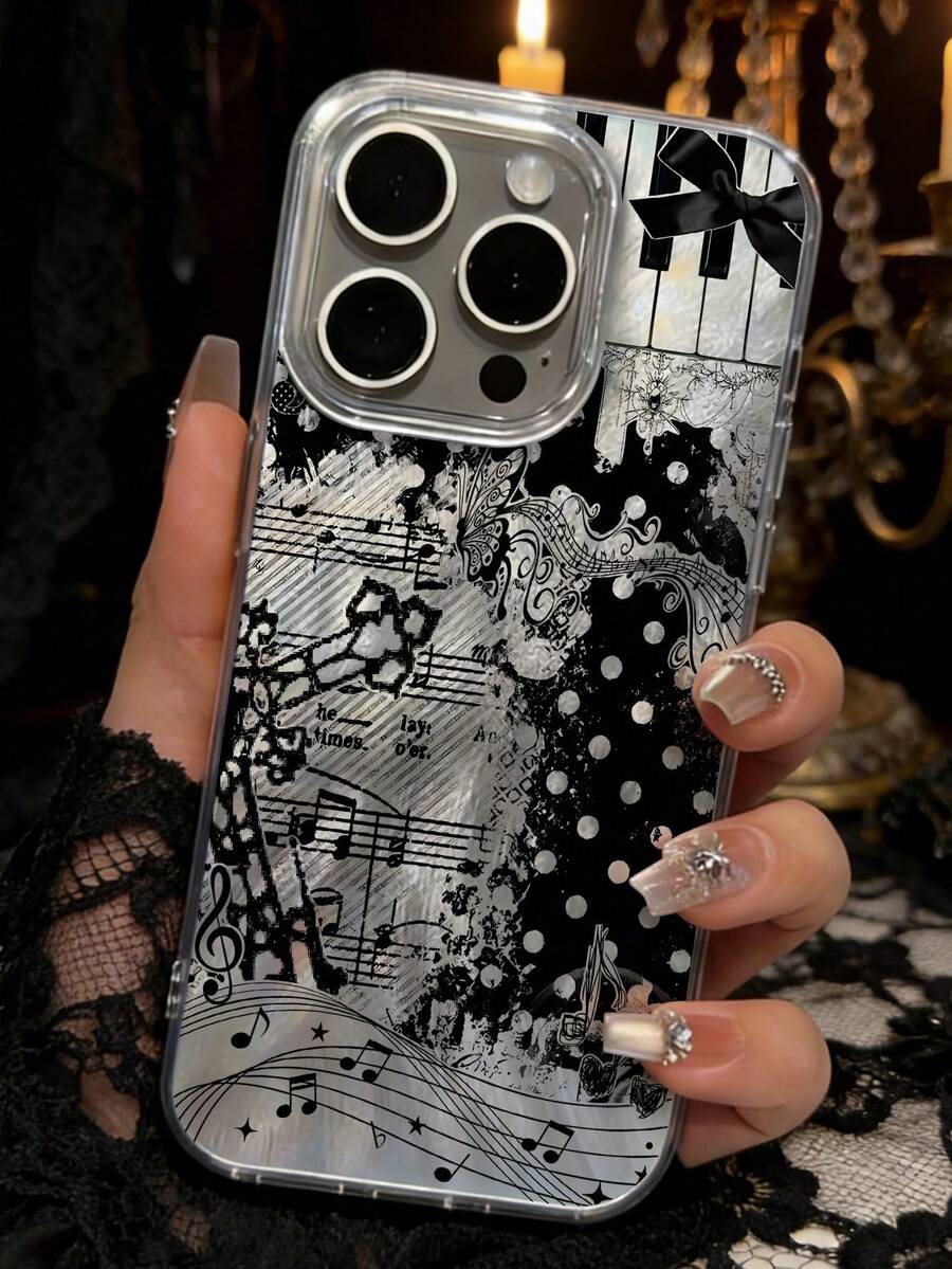 Goth 1pc Cross & Music Aesthetic Pattern Feather Decor Phone Case, Compatible With IPhone 16/16Pro/16Plus/16ProMax, 11/11ProMax, 12/12Pro/12ProMax, 13/13Pro/13ProMax, 14/14Plus/14Pro/14ProMax, 15/15Pro/15Plus/15ProMax - Multicolor - View 1